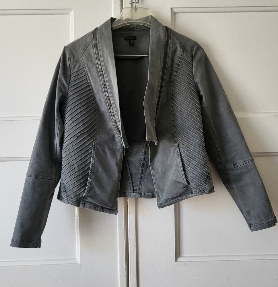 Stella Carakasi Gray Denim Textured Moto Jacket Zip Neck Cotton Lagenlook